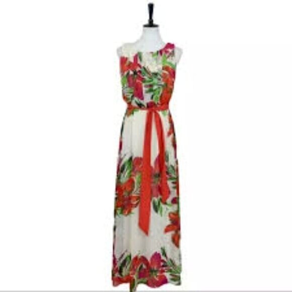 Eliza J Tropical Floral Maxi Gown Chiffon Pleated Sleeveless Dress Cream Red 10 - Picture 3 of 11